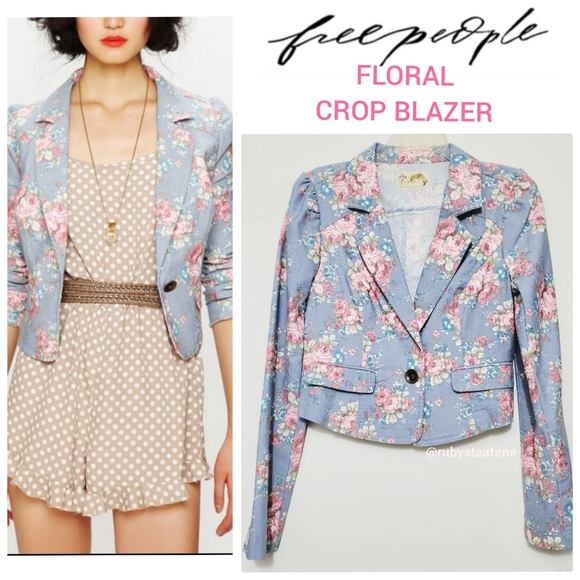 Free People Jackets & Blazers - Free People Floral Crop Blazer - Blue and Pink